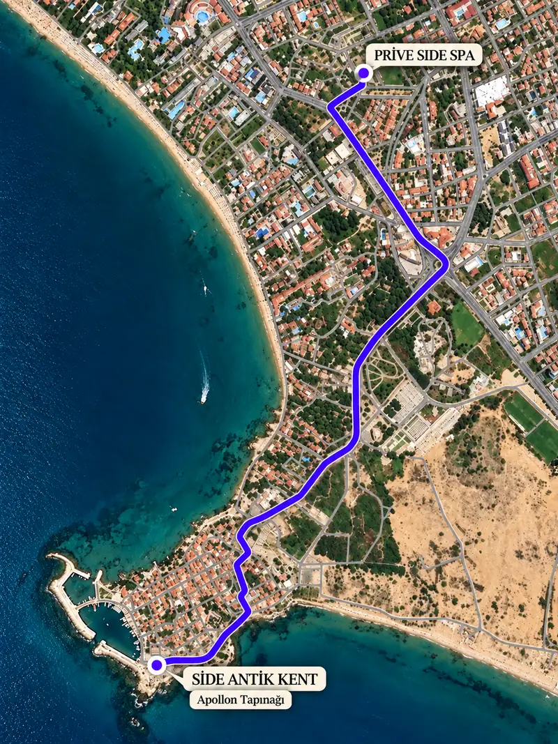 Prive Side Spa'dan Side Antik Kenti ve Apollon Tapınağı'na giden yol haritası